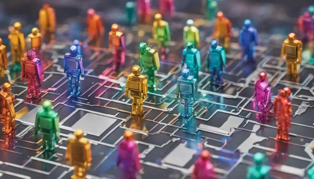 Robôs em miniatura colaborando em um centro de atendimento ao cliente futurista com telas holográficas.