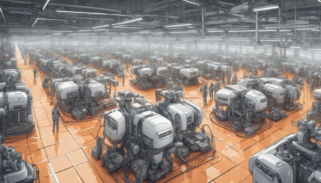 Robôs autônomos de IA colaborando em um chão de fábrica futurista sob luzes brancas brilhantes.