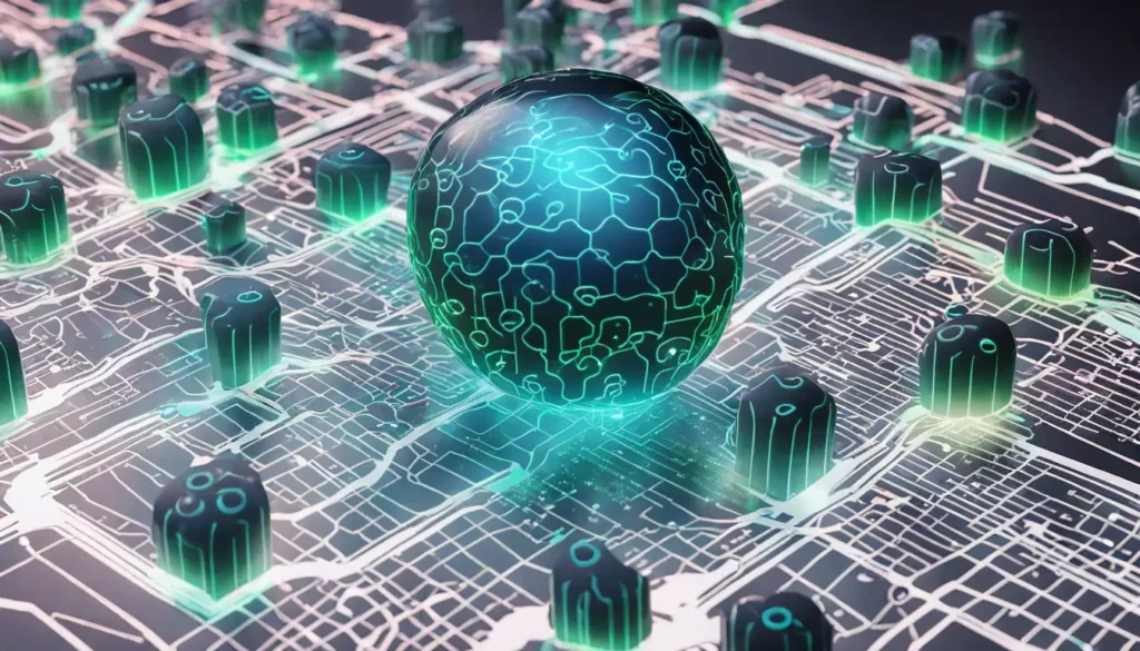 Esferas transparentes com cérebros de IA sobre mapa digital com luzes neon azuis e verdes.